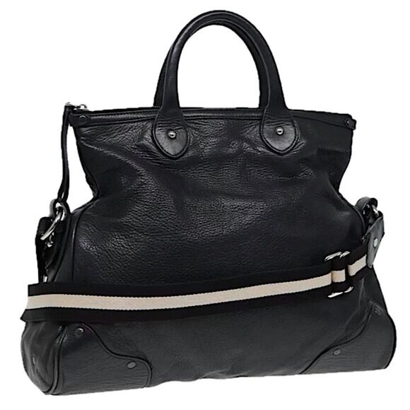 BALLY Black Leather Trainspotting Work Tote w/ Black Striped Crossbody Strap - Picture 1 of 16